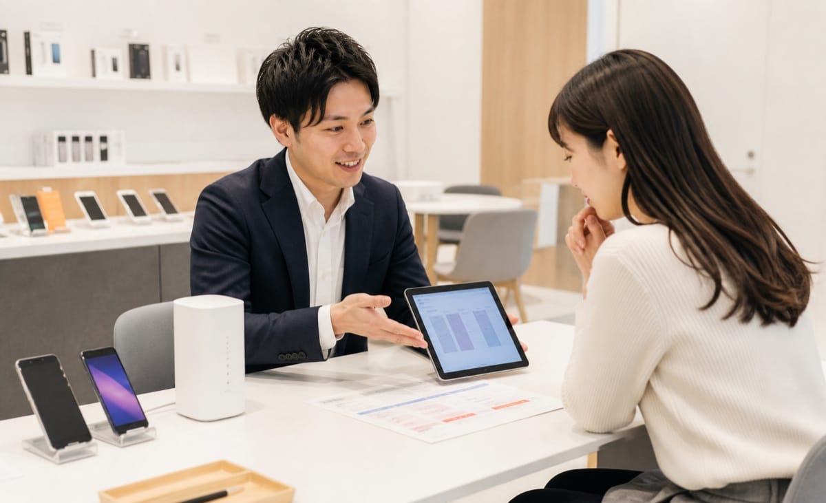 携帯電話ショップでスタッフが相談対応する様子