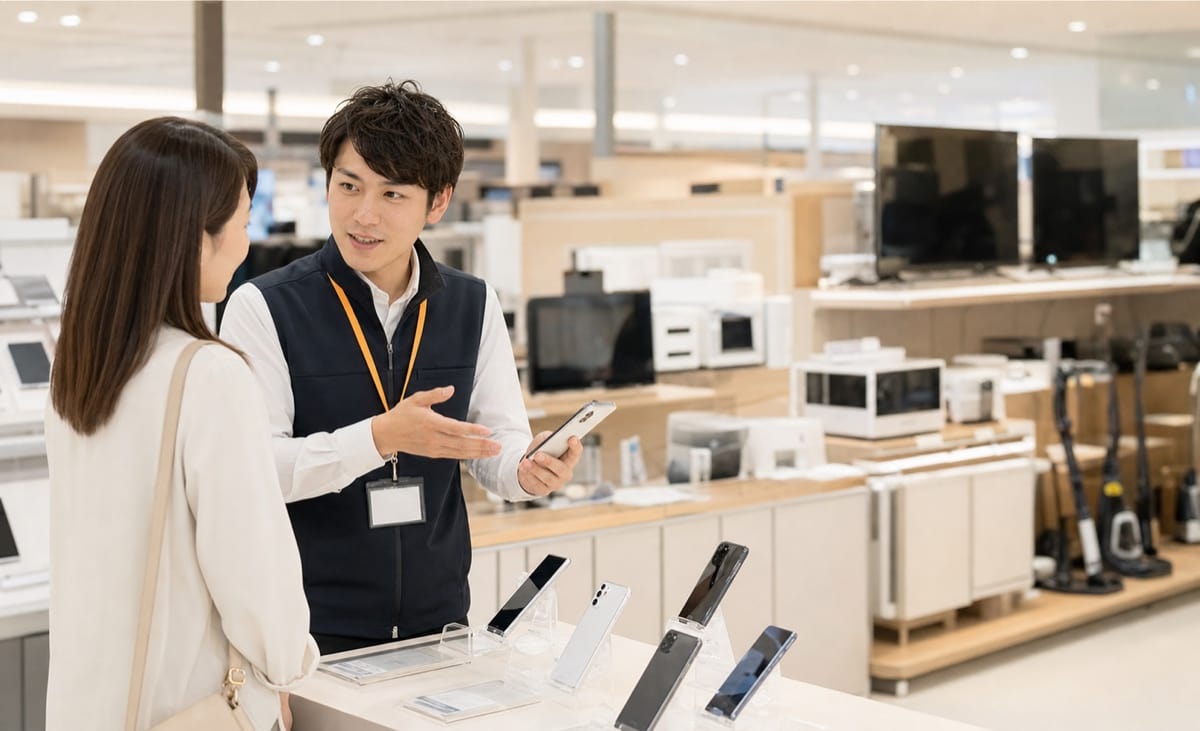 家電量販店でスタッフが接客する様子